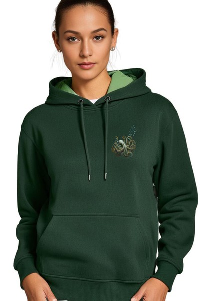 Ahtapot Tasarım Kapşonlu Sweatshirt , Erkek Sweatshirt, Kadın Sweatshirt, Yeşil Sweatshirt modelleri