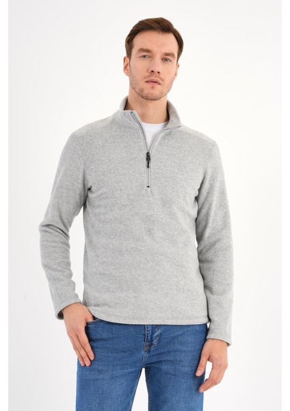 Melanj Gri Polar Sweatshirt Erkek Dik Yaka