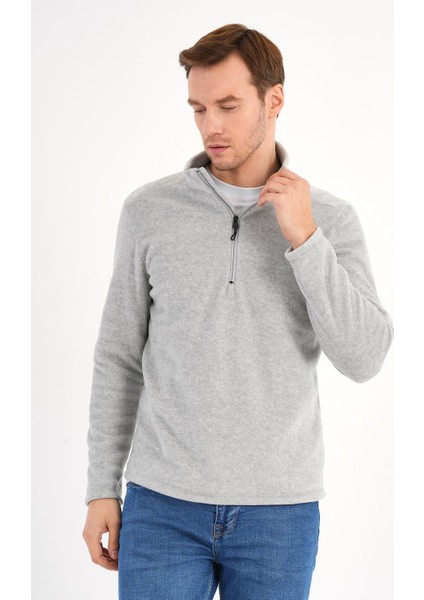 Melanj Gri Polar Sweatshirt Erkek Dik Yaka