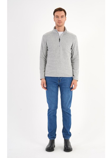 Melanj Gri Polar Sweatshirt Erkek Dik Yaka
