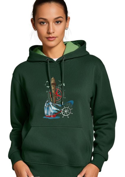 Deniz Feneri ve Yelkenli Tasarım Sweatshirt Hoodie