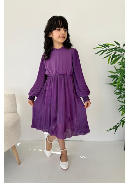 Pilise Tül Astarlı Kız Çocuk elbise - Mor