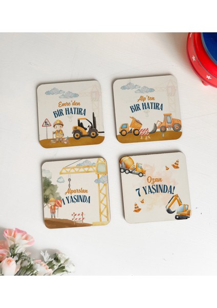 Inşaat Temalı Hediyelik Bardak Altlıkları, Kamyon, Kepçe, Vinç Doğum Günü Hediyesi 50 Adet