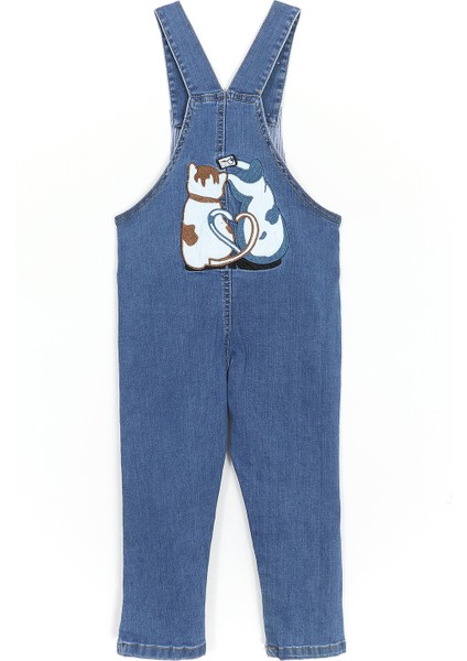 Kedi Desen Aplikeli Unisex Bebek & Çocuk Denim Salopet Mavi 001-0001987