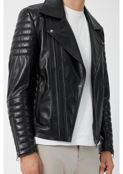 Biker Siyah Deri Mont