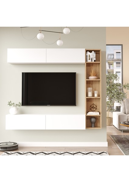 Tara Tv Ünitesi Kitaplık Duvara Monte Sepet-Beyaz