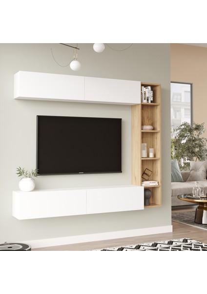Tara Tv Ünitesi Kitaplık Duvara Monte Sepet-Beyaz