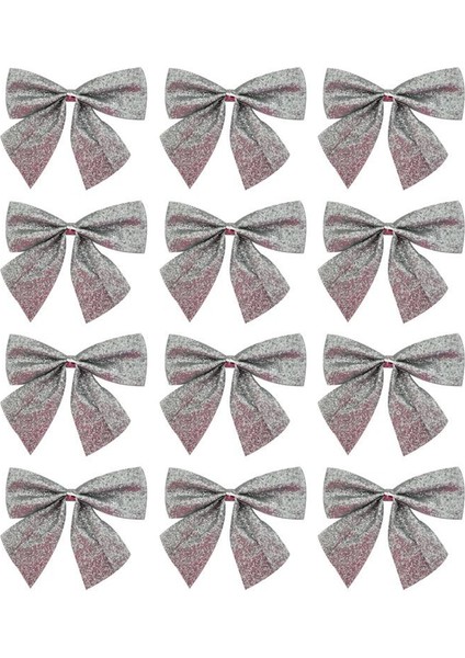 12 Adet Simli Gümüş Renk Yılbaşı 5,5 cm Fiyonk Kurdele Süs
