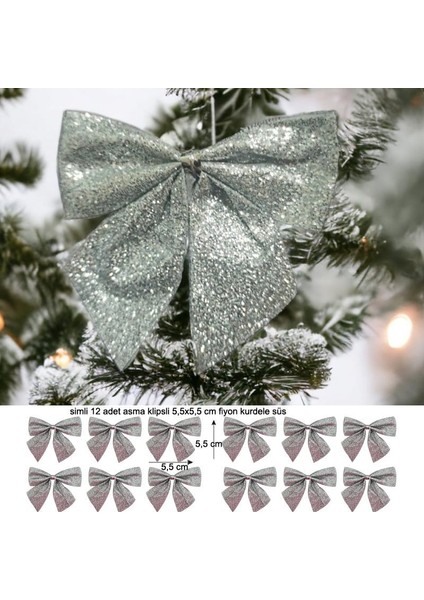 12 Adet Simli Gümüş Renk Yılbaşı 5,5 cm Fiyonk Kurdele Süs fiyatları