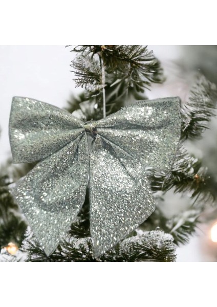 12 Adet Simli Gümüş Renk Yılbaşı 5,5 cm Fiyonk Kurdele Süs modelleri