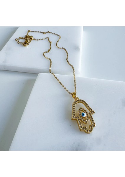 Paslanmaz Çelik Altın Kaplama Fatıma’nın Eli (Hamsa) Işlemeli Kolye