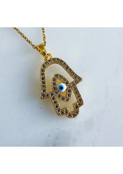 Paslanmaz Çelik Altın Kaplama Fatıma’nın Eli (Hamsa) Işlemeli Kolye