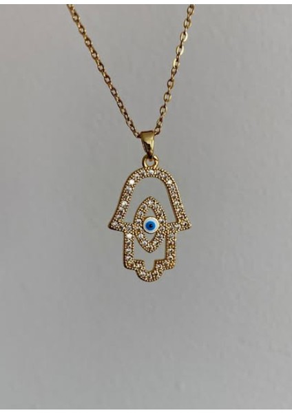 Paslanmaz Çelik Altın Kaplama Fatıma’nın Eli (Hamsa) Işlemeli Kolye