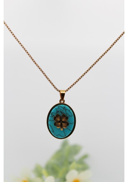 Oval Yonca Model Mavi Taşlı Gold Çelik Kolye