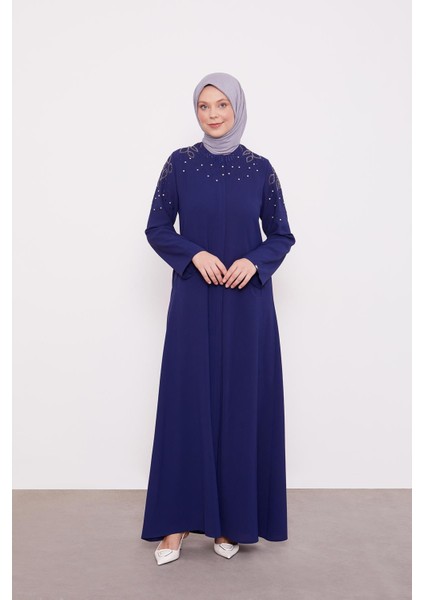 Lacivert Cicek Islemeli Taslı Ferace