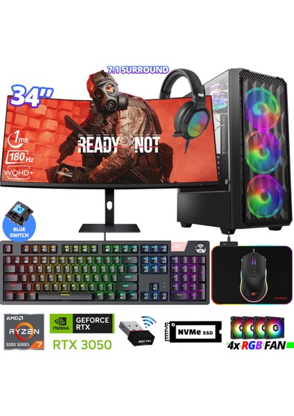 Delux X112 Ryzen 7 5700X 32GB Ram 512GB M.2 Nvme SSD 6gb RTX3050 34" 180Hz Curved Oyuncu Bilgisayarı