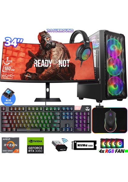 Delux X113 Ryzen 7 5700X 32GB Ram 512GB M.2 Nvme SSD 12GB RTX3060 34" 180Hz Curved Oyuncu Bilgisayarı