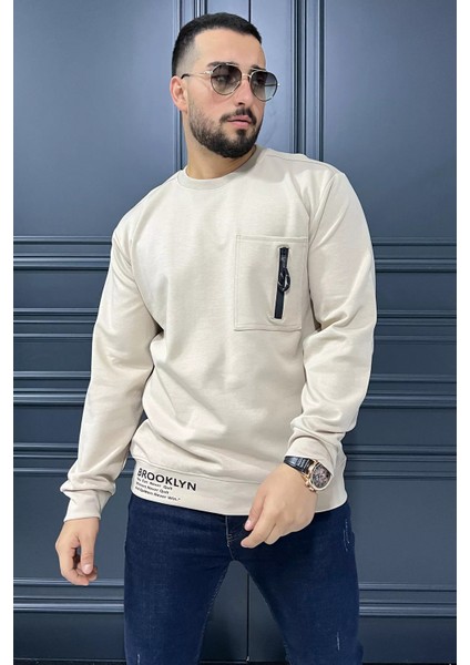 Bisiklet Yaka Cep Fermuar Detaylı Double Face Erkek Sweatshirt