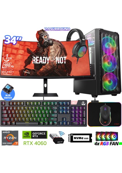 Delux X114 Ryzen 7 5700X 32GB Ram 512GB M.2 Nvme SSD 8gb RTX4060 34" 180Hz Curved Oyuncu Bilgisayarı