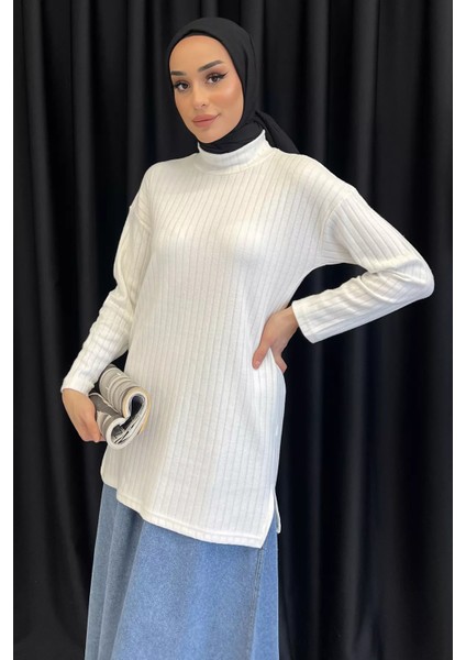 Yarım Balıkçı Yaka Yırtmaçlı Tesettür Tunik