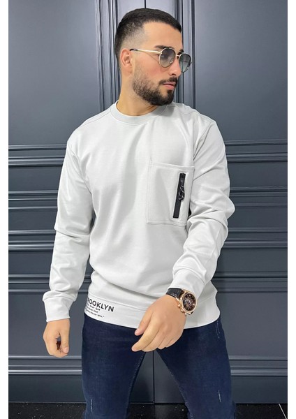 Bisiklet Yaka Cep Fermuar Detaylı Double Face Erkek Sweatshirt
