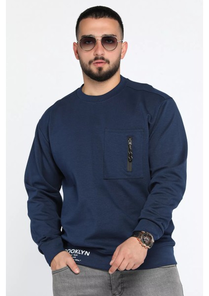 Bisiklet Yaka Cep Fermuar Detaylı Double Face Erkek Sweatshirt
