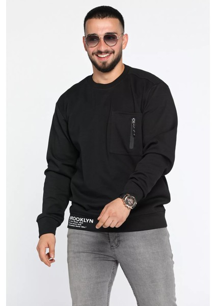 Bisiklet Yaka Cep Fermuar Detaylı Double Face Erkek Sweatshirt