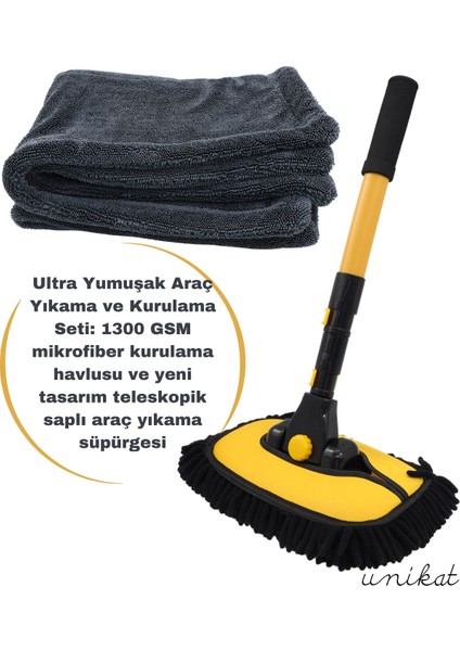 Ultra Yumuşak Araç Yıkama ve Kurulama Seti 1300 Gsm Mikrofiber Kurulama Havlusu ve Yeni Tasarım Teleskopik Saplı Araç Yıkama Süpürgesi
