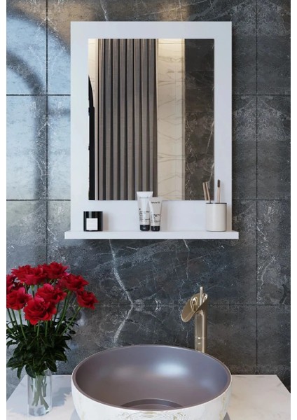 Safir Banyo Aynası Dresuar 60X45 Beyaz Raflı Banyo Aynası