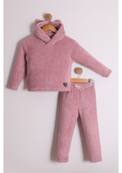 Unisex Çocuk Kapüşonlu Mickey Mouse Etiket Detaylı Peluş Sweatshirt ve Peluş Pantolon 2'li Alt Üst Takım