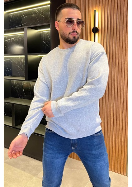 Erkek Bisiklet Yaka Oversize Şardonlu Üç Iplik Sweatshirt