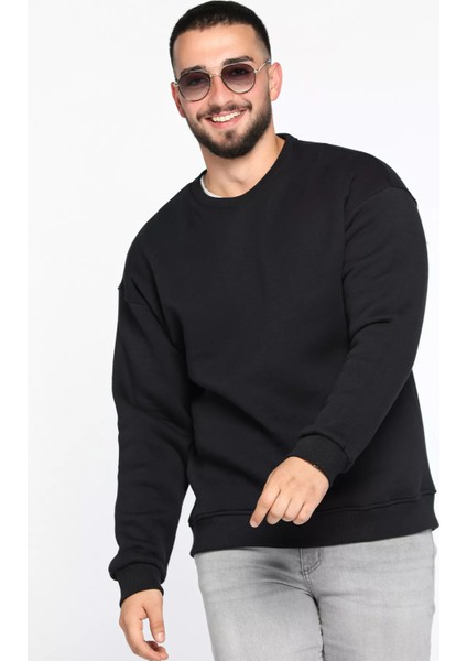 Erkek Bisiklet Yaka Oversize Şardonlu Üç Iplik Sweatshirt