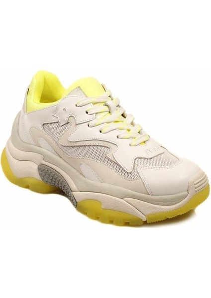 Addict Beyaz Neon Sarı Rengi Deri Yüksek Tabanlı Kadın Sneaker