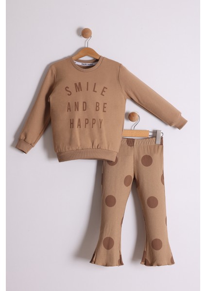 Kız Çocuk Mevsimlik Smile And Be Happy Baskılı Sweat Puantiyeli Fitilli Tayt 2'li Takım