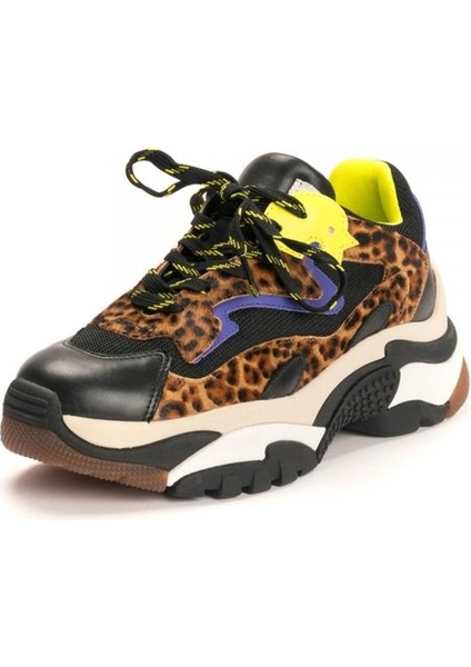 Addict Leopar Desenlı Deri Kumaş Karışımlı Yüksek Tabanlı Kadın Sneaker