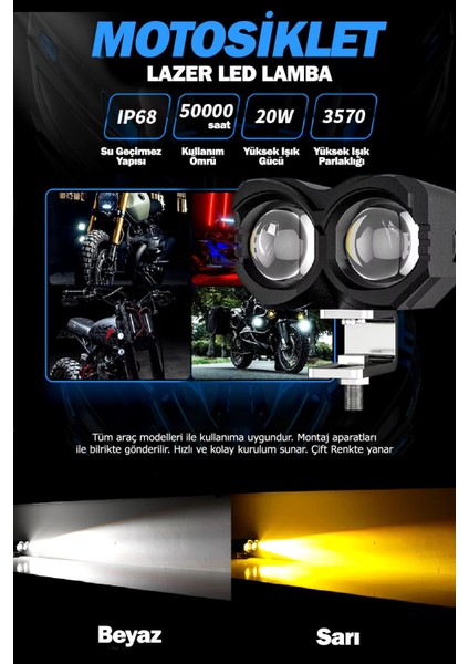 2 Adet Çift Renk Sarı Beyaz 60 Watt Motosiklet Atv Off Road LED Lamba Uyumlu