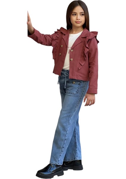 Kız Çocuk Style Yazılı Ceketi Fırfır Detaylı Kiremit Renk Ceket Tişört Kot Pantolon Takımı