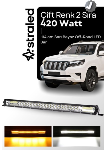 420WATT Çift Renk Sarı Beyaz 114 cm 2 Sıra Offroad LED Bar Atv