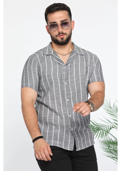 Slim Fit Çizgili Keten Gömlek
