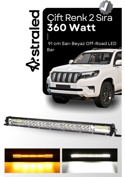 360WATT Çift Renk Sarı Beyaz 95 cm 2 Sıra Offroad LED Bar Atv Uyumlu