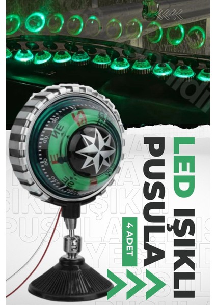 4 Adet Araba Içi Torpido Üstü Vantuzlu Elektrikli Yeşil Işıklı Pusula Göstergesi