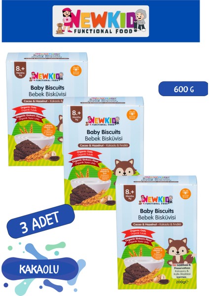 Good Food New Kid Organik Siyez Unu ve Organik Yulaflı, Tereyağlı, Kakaolu Bebek ve Çocuk Bisküvisi 200 G X3