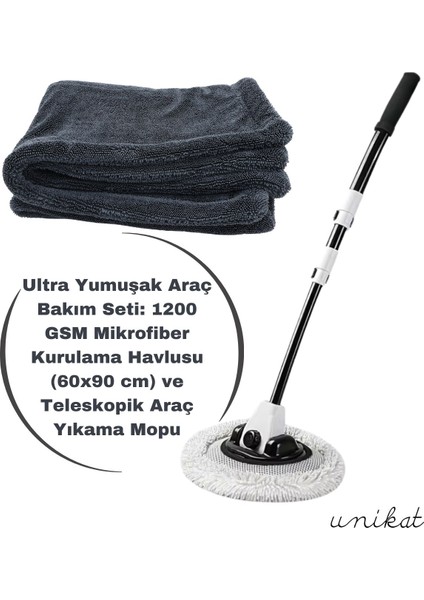 Ultra Yumuşak Araç Bakım 1300 Gsm Mikrofiber Kurulama Havlusu ve Teleskopik Araç Yıkama Mopu
