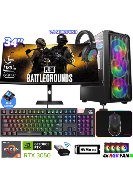 Delux X117 Ryzen 5 5600 32GB Ram 512GB M.2 Nvme SSD 6gb RTX3050 34" 180Hz Curved Oyuncu Bilgisayarı