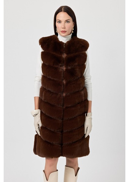 Vittoria Kahverengi Kadın Tüylü Uzun Yelek