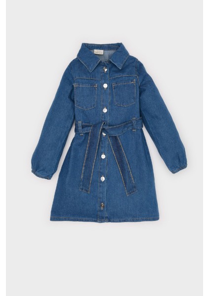 Kız Bebek Gömlek Yaka Uzun Kollu Kemerli Jean Elbise E0447A525SP