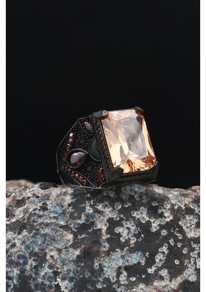 Şampanya Topaz Taşlı 925 Ayar Gümüş Erkek Yüzüğü Zirkon Taş Süslemeli 901476 modelleri