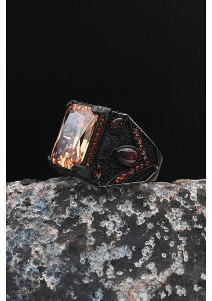 Şampanya Topaz Taşlı 925 Ayar Gümüş Erkek Yüzüğü Zirkon Taş Süslemeli 901476 indirimleri