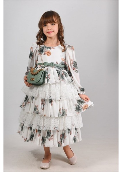 Çiçekli ve Çantalı Kat Kat Uzun Kız Çocuk Elbisesi ,kemerli Kız Çocuk Elbise, Doğum Günü Elbisesi fiyatları