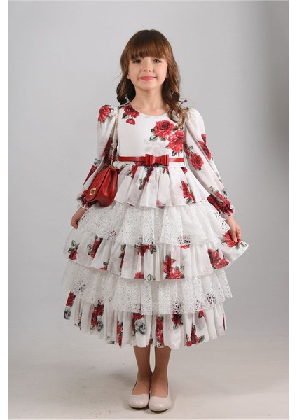 Çiçekli ve Çantalı Kat Kat Uzun Kız Çocuk Elbisesi ,kemerli Kız Çocuk Elbise, Doğum Günü Elbisesi